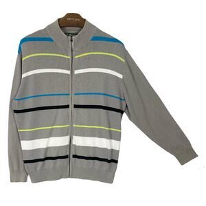 PRO SERIES Cardigan Mens XL Grey Multicolor-Stripe Full-Zip Long-Sleeve Cotton